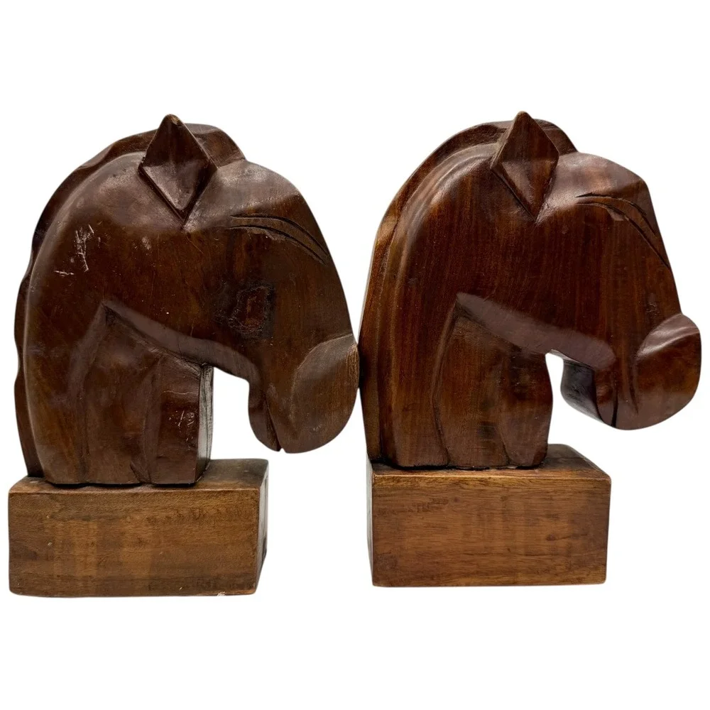 Vintage Hand Carved Wooden Horse Head Bookends Mid Century Modern Dark Wood Pair